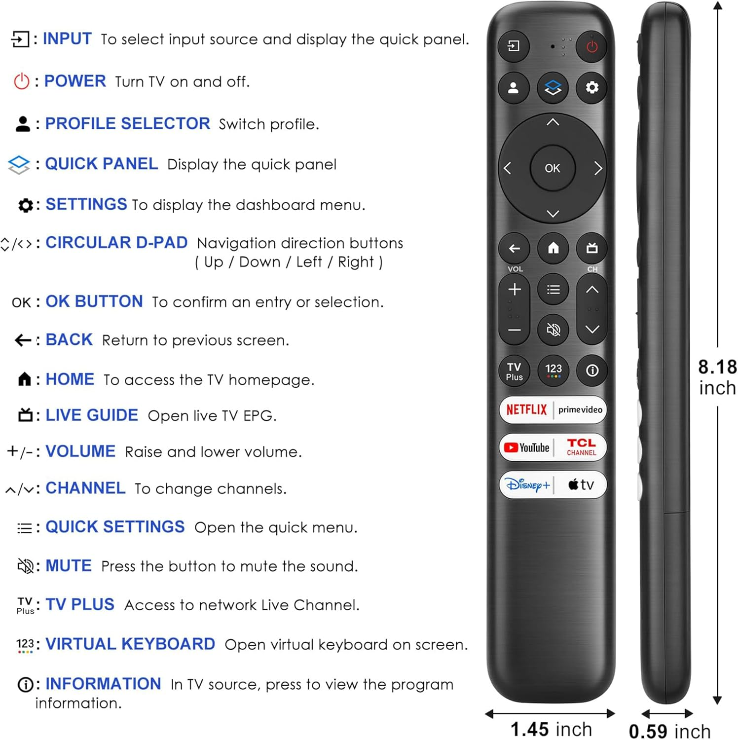 Replacement TCL TV Remote Control for 4K & 8K Tvs &ndash; No Voice Function (RC813)