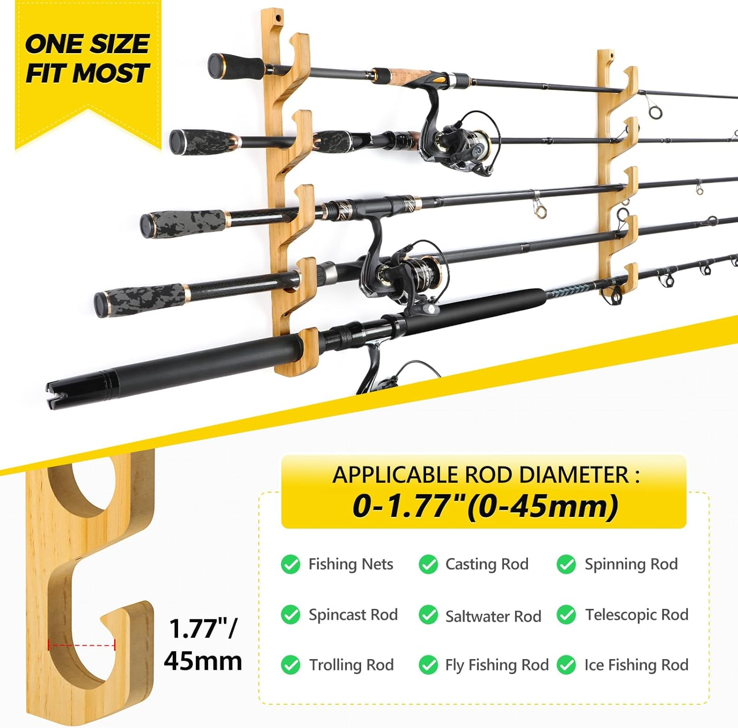 PLUSINNO WH5 Horizontal Fishing Rod/Pole Holders for Garage, Wall or Ceiling Mounted Rack, Solid Wood Fishing Rod Holder Holds up to 5/10/20 Rods or Combos Fishing Gear, Gifts for Men image number 1