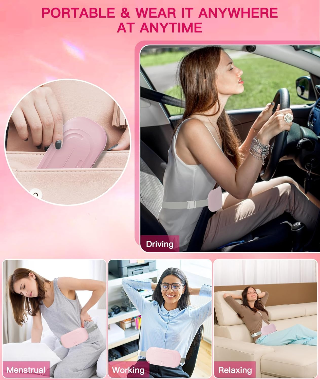 Heating Pads for Cramps, Portable Cordless Menstrual Heating Pad for Period Pain Relief, Back or Belly Fast Heating Pad with 3 Heat Levels and 3 Vibrations Modes for Girls Women image number 4