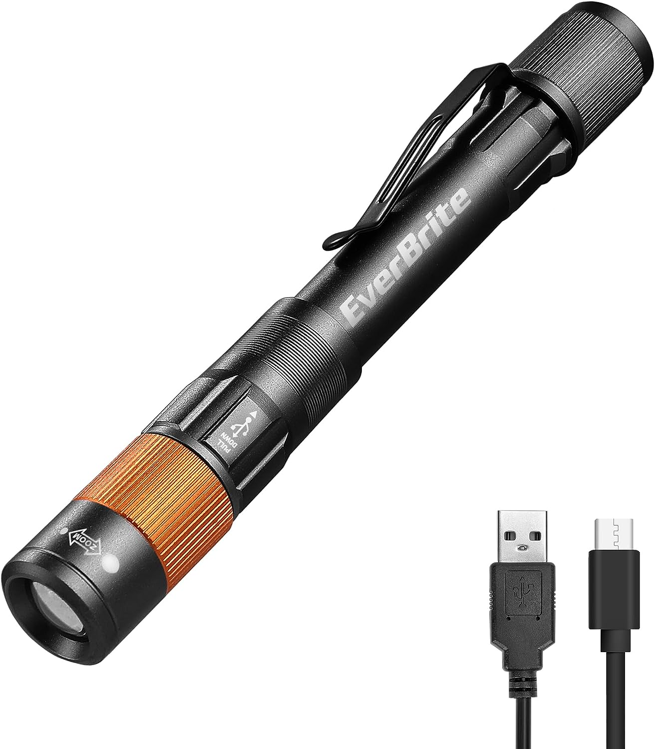 Everbrite Rechargeable Pen Light, 300 Lumens EDC Flashlight, Zoomable LED Pocket Flashlight with Clip, Memory Function and USB C Cable Included, for Camping, Emergency, Black image number 2