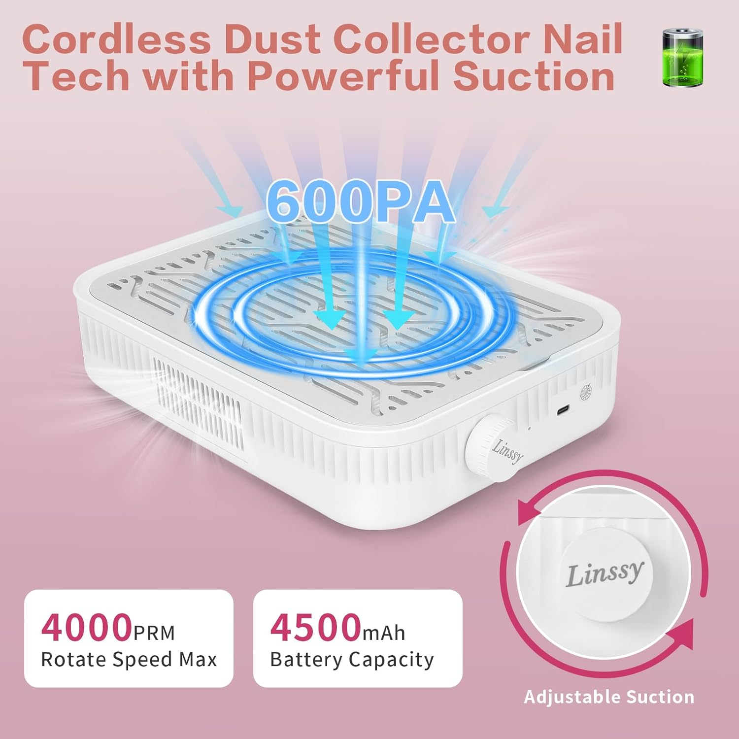 Linssy Nail Dust Collector, Rechargeable & Cordless Dust Collector for Nail Tech with Reusable HEPA Filter, Extractor Dust Suction Machine for Acrylic Nails Polishing at Nail Salon & Home Use image number 5