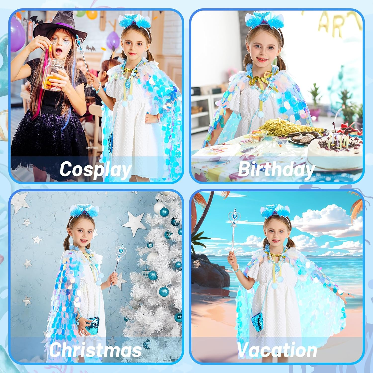 Princess Dress up Toys Princess Dress up Clothes Rainbow Mermaid Cape Kit 9 Pcs Gift Set for Little Girls 3-8 Years Old (Blue) - 7 - Light Up Rainbow Multi-Color image number 2