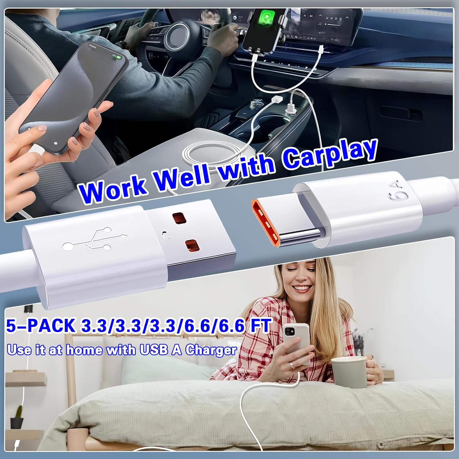 5Pack USB a to C Cable 60W【5 * 1M】 Fast Charging 6A Quick Charger Cord, Compatible with Iphone 17/16/15,Samsung Galaxy S10 S9 S8 Plus, Note 10 9 8, LG V50 V40 G8 G7 (White) image number 5