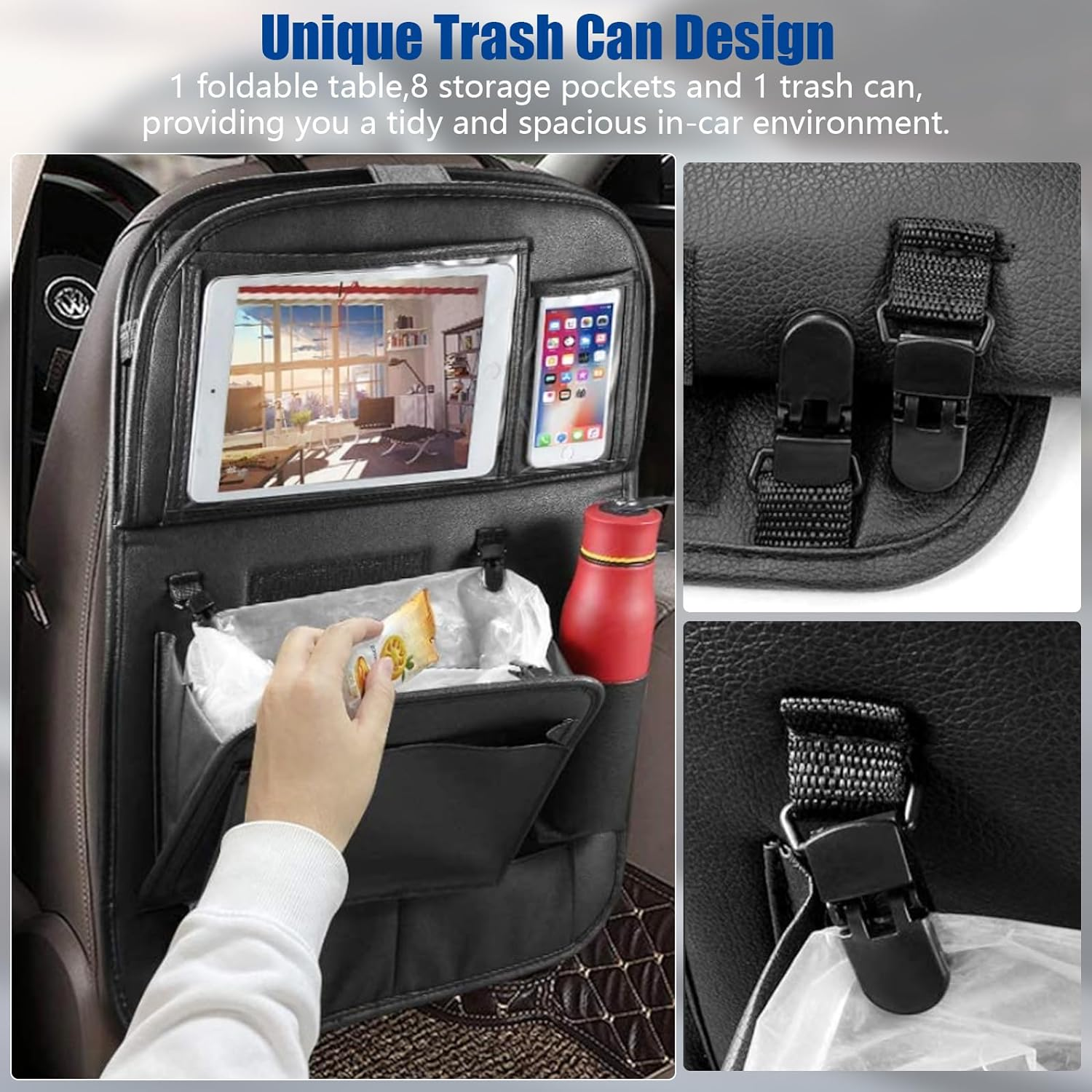 Car Back Seat Organizer with Tray, PU Leathr Backseat Table Holder Storage Bag for Kids Travel Trip, Universal Foldable Seat Back Kick Mat Playmat Stand for Toys, Book, Food, Ipad, Tissue,Etc image number 2