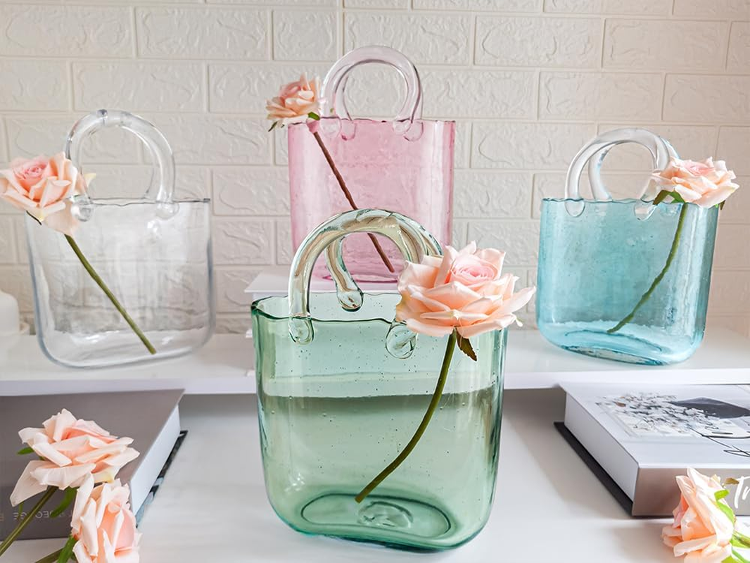 OLEEK Purse Vase for Flowers (Handmade) Glass Purse for Drinks -10Inche- Clear, Cool & Cute Vase for Centerpieces & Fish Bowl - Handbag Unique Flower Vase Decorative - Wide Mouth Bubble Vase for D&eacute;cor - Green image number 3