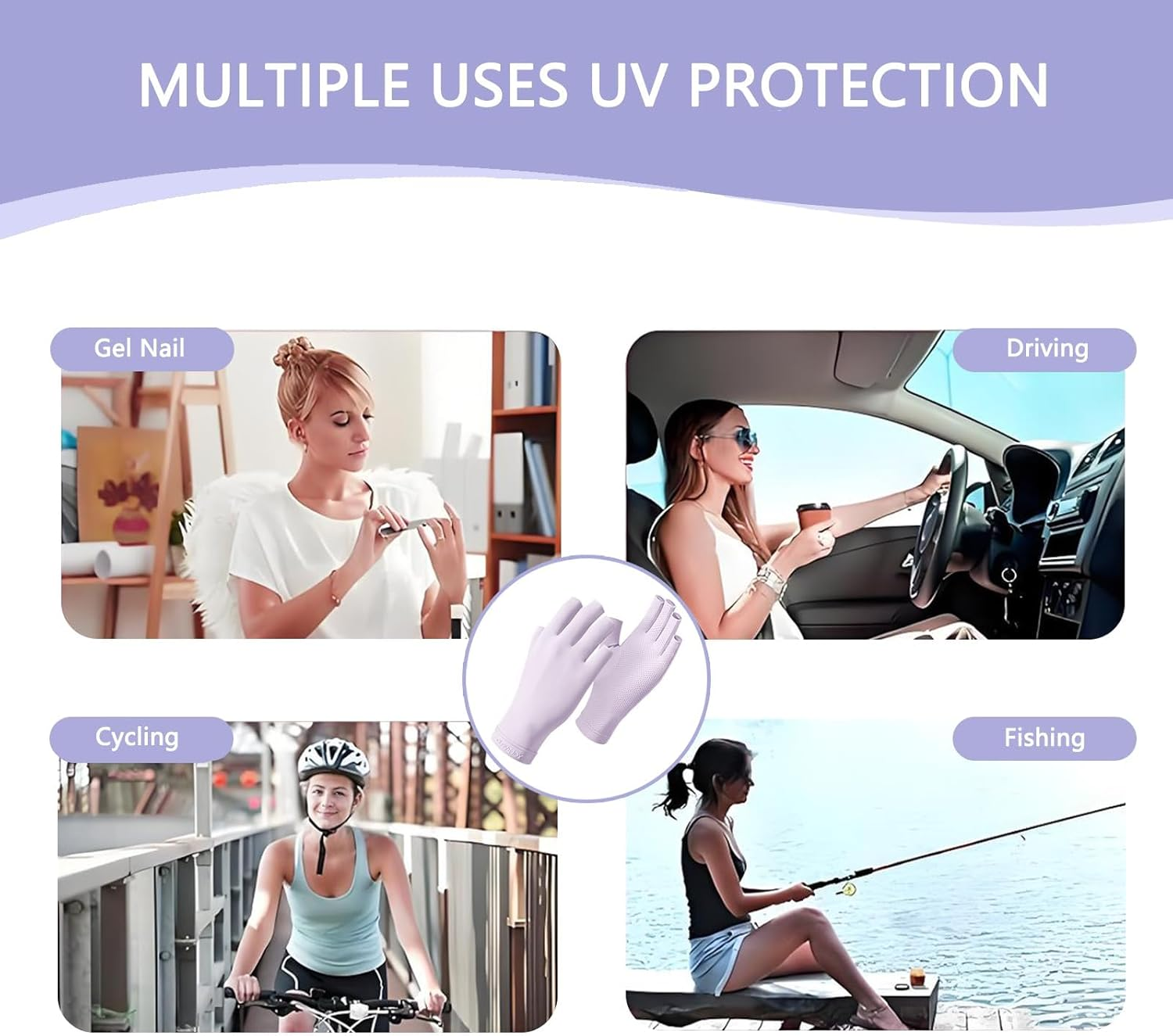 Checkzed UV Gloves for Nails，Professional UPF50+ Fingerless UV Light Gloves for Gel Manicures, Gel Nail Lamp 99% UVS Blocking, Outdoor Sunscreen Glove (Lavender Purple)