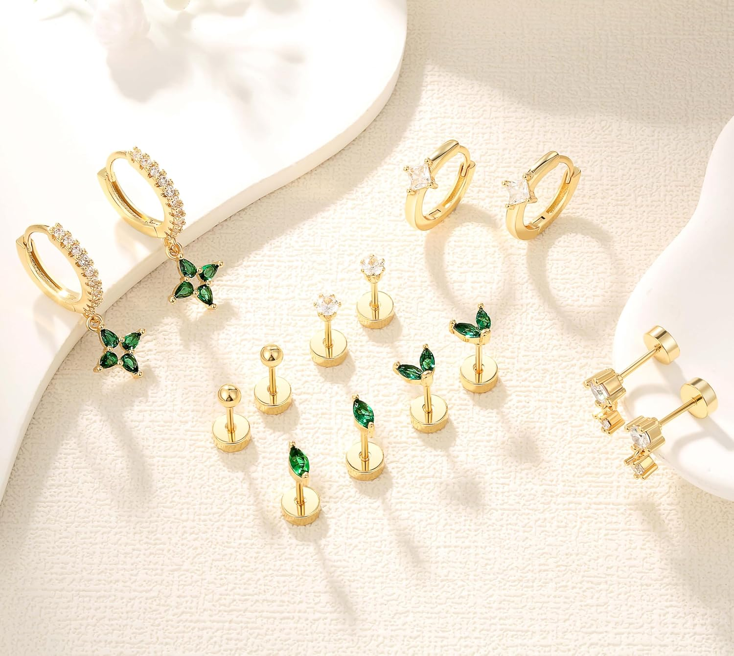 LYLYMIMI 7Pairs 14K Gold Plated Huggies Hoop Studs Earrings for Women Small Dangle Hoop Earrings Gold Green Earrings Set for Multiple Piercing image number 5