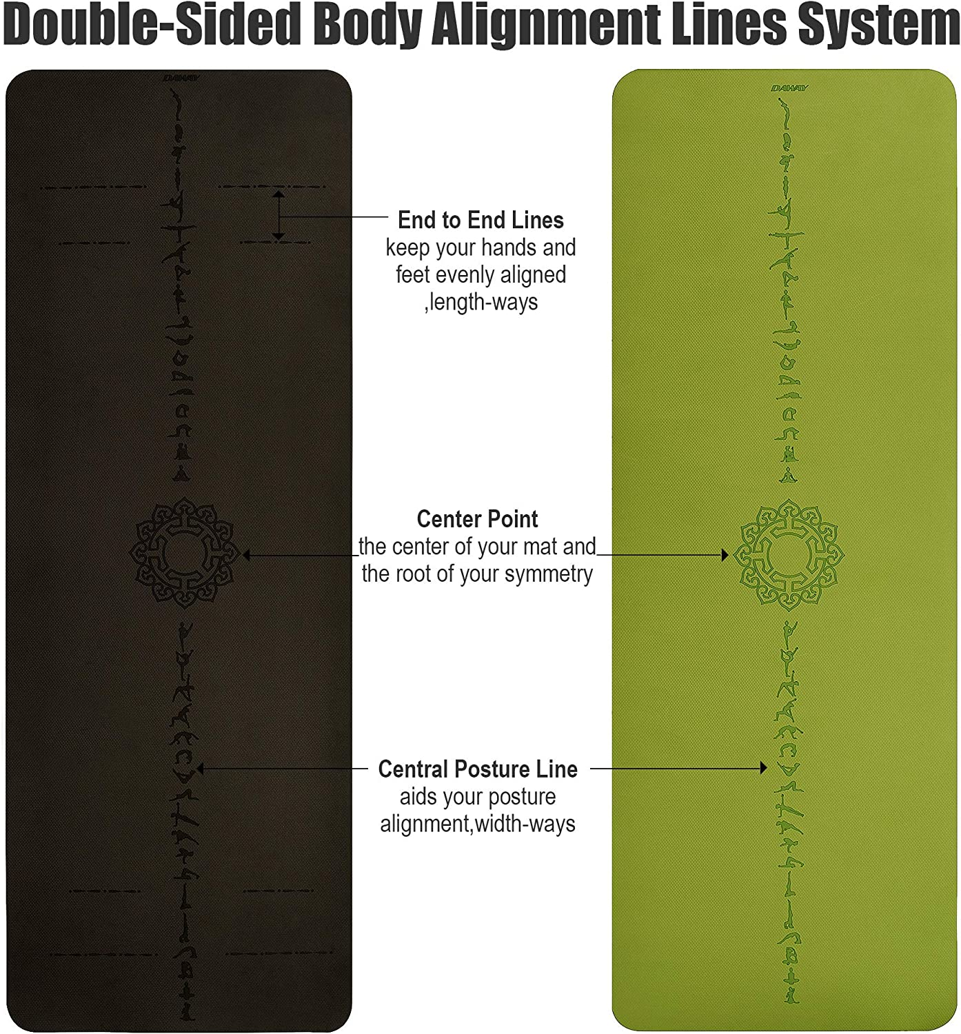 DAWAY Eco Friendly TPE Yoga Mat Y8 Wide Thick Workout Exercise Mat, Non Slip Grip Pilates Mats, Body Alignment System, Tear Resistant, with Carrying Strap, 72"X 26" Thickness 6Mm image number 1