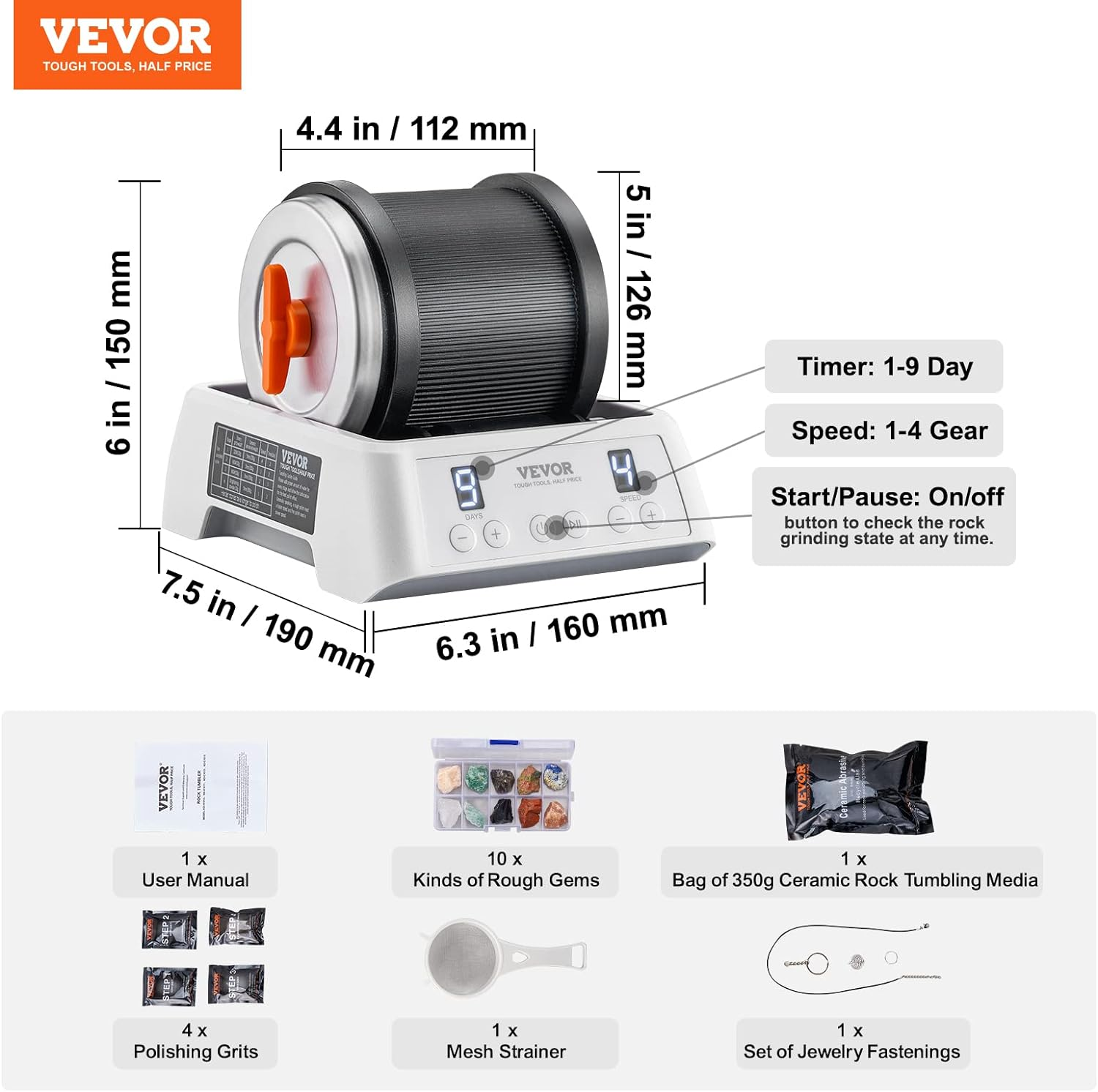 VEVOR Direct Drive Rock Tumbler Kit, 4-Speed/9-Day Timer, Professional Rock Polisher with Rough Gemstones/Grits/Jewelry Fastenings, Stone Polishing Kit for Family Fun Time, STEM Adults Kids image number 4