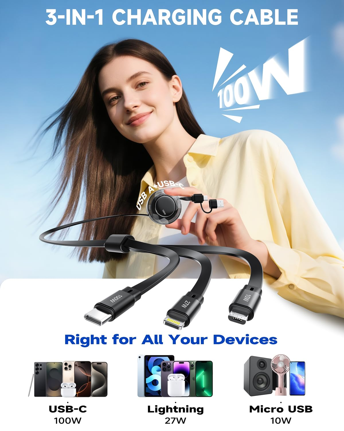 100W Multi Charging Cable, 5 in 1 Retractable Charger Cable USB C 5A Iphone 17 Fast Charger Cord for Multiple Devices for Iphone 17 16 15 14 /Samsung Galaxy S25/Ps/Mbook/Pad (1.2M) Travel Essentials - Black image number 6