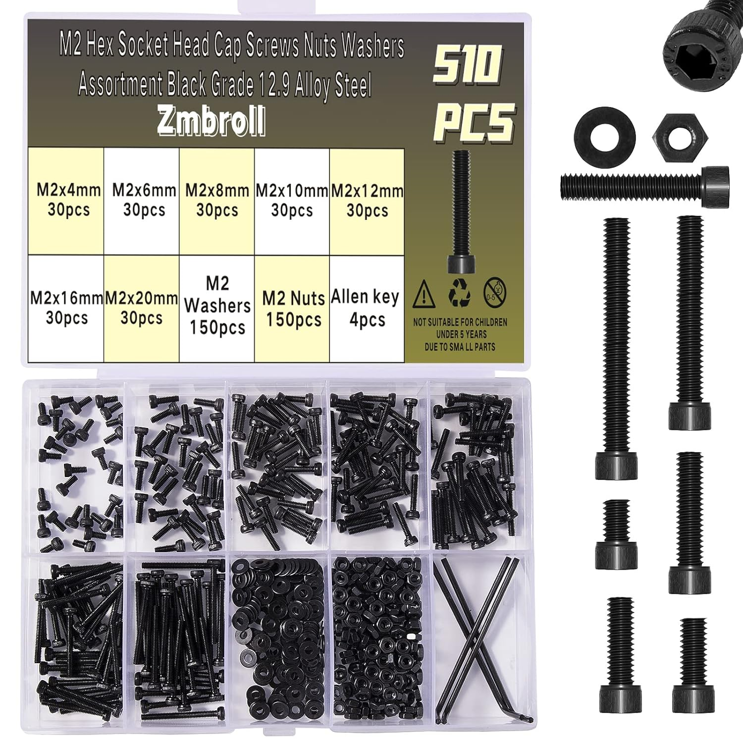 Zmbroll 510 Pcs M2 Socket Cap Screws Metric Hex Bolt Nuts Washers 12.9 Grade Alloy Steel Screw Hex Socket Head Cap Small Machine Screws Kits with Wrench Key image number 4