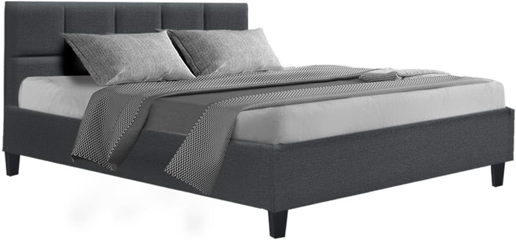 Artiss Queen Bed Frame Platform Checkered Headboard Wooden Beds Base Frames Bedroom Room Decor Home Furniture, Upholstered with Charcoal Faux Linen Fabric + Foam + Wood, Modern Design image number 1