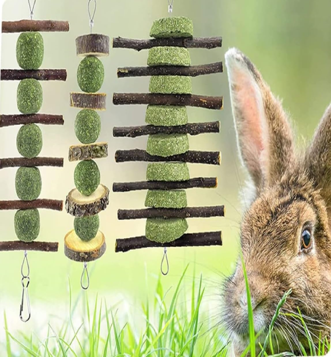 Bunny Chew Toys, Rabbit Chew Toys for Teeth Grinding, Natural Apple Wood Timothy Grass Cake Treats for Rabbits Guinea Pigs Chinchillas Bunnies Hamsters (3 Pcs) image number 5