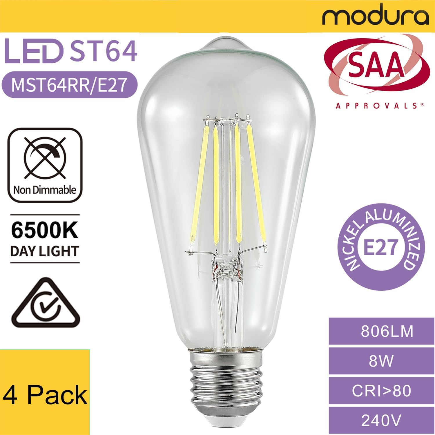 Modura ST64 Vintage Edison Style Filament LED Light Globe Edison Bulb E27 Base 8W 6000K Daylight Non-Dimmable SAA (4) image number 5