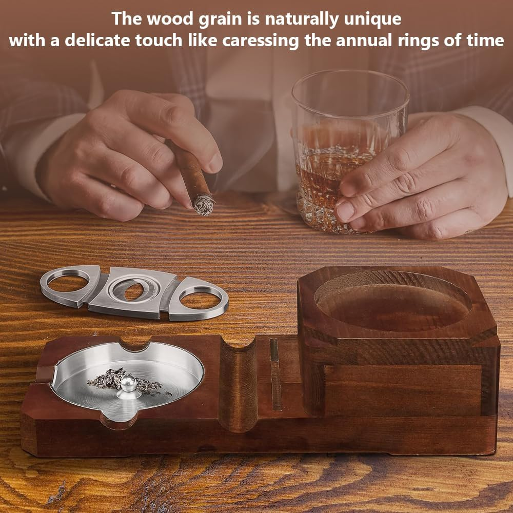 Wooden Cigar Ashtray Set with Whiskey Glass Holder, Built-In Drawer & Cigar Cutter, Multi-Functional Ashtray with Cigar Slot for Home, Office, or Outdoor Use image number 1