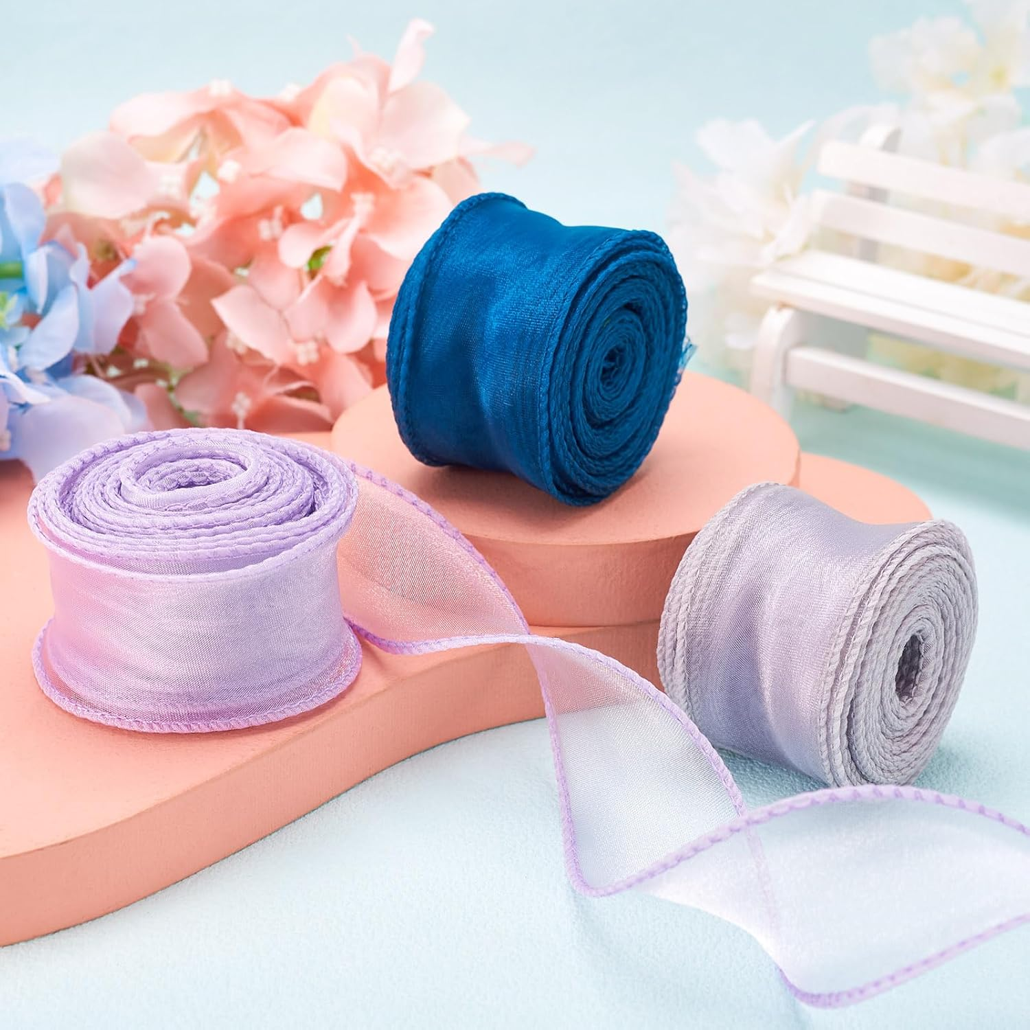 Crafans 3 Rolls 40MM Organza Chiffon Ribbons Shimmer Sheer Gift Wrapper Ribbons for Bouquet Wedding Bows Party Decoration image number 5