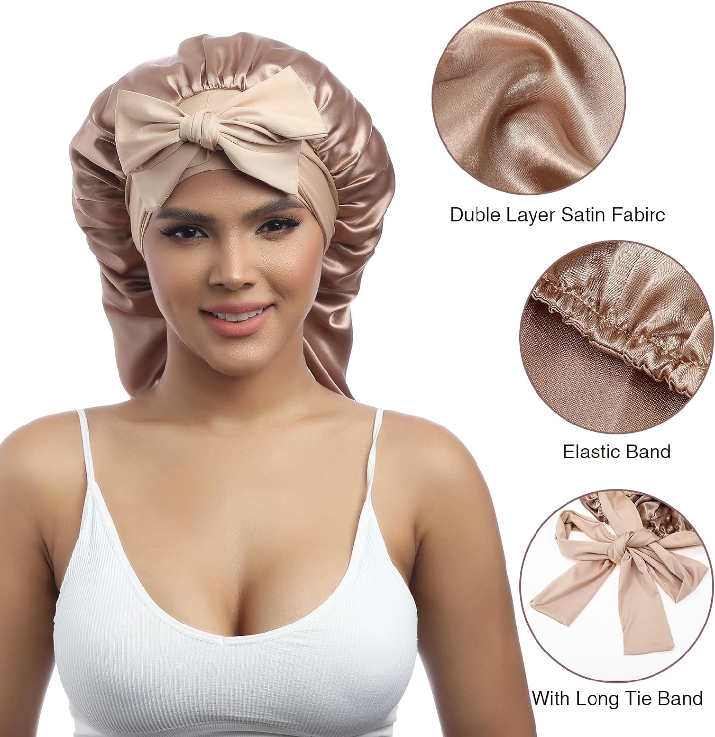 Long Satin Bonnet for Women - Double Layer Elastic Silk Bonnet for Braids Hair Sleeping Cap with Tie Band (Gold) image number 5