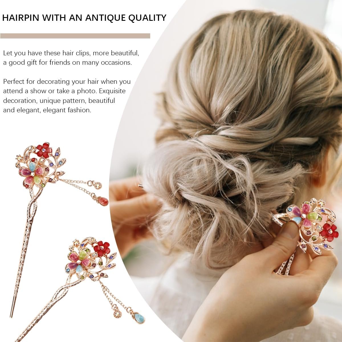 LNQ LUNIQI Chinese Hair Sticks Gold, Pack of 2 Vintage Hair Sticks with Pendant, Elegant Hair Stick with Rhinestones for Decorative Hair, Solid Hairstyle, 15 Cm