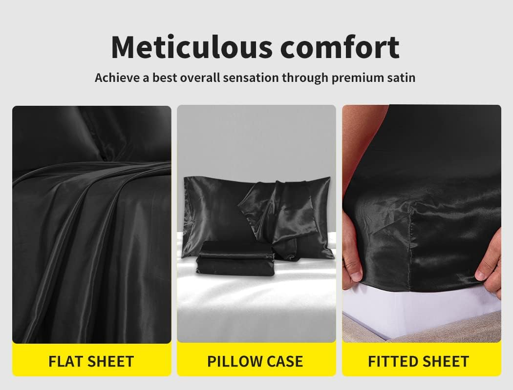 Dreamz Silky Satin Sheets Fitted Flat Bed Sheet Pillowcases Summer Double Black image number 1