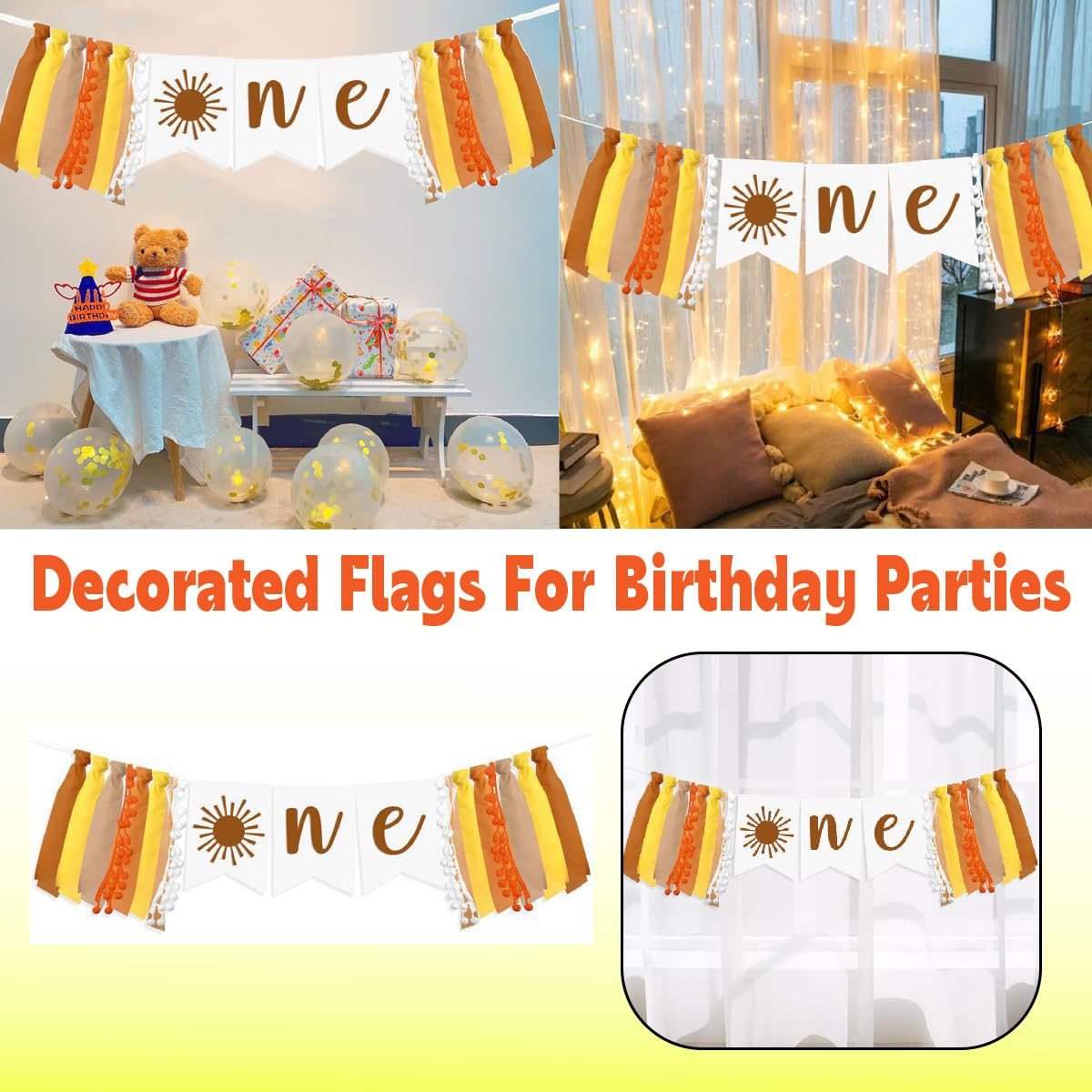 AIMALL Birthday Party High Chair Banner for 1 Year Old - Decorative Flag with "ONE" Letters and Handmade Fabric Tassels, Colorful Cloth Strip for Baby'S First Birthday image number 4