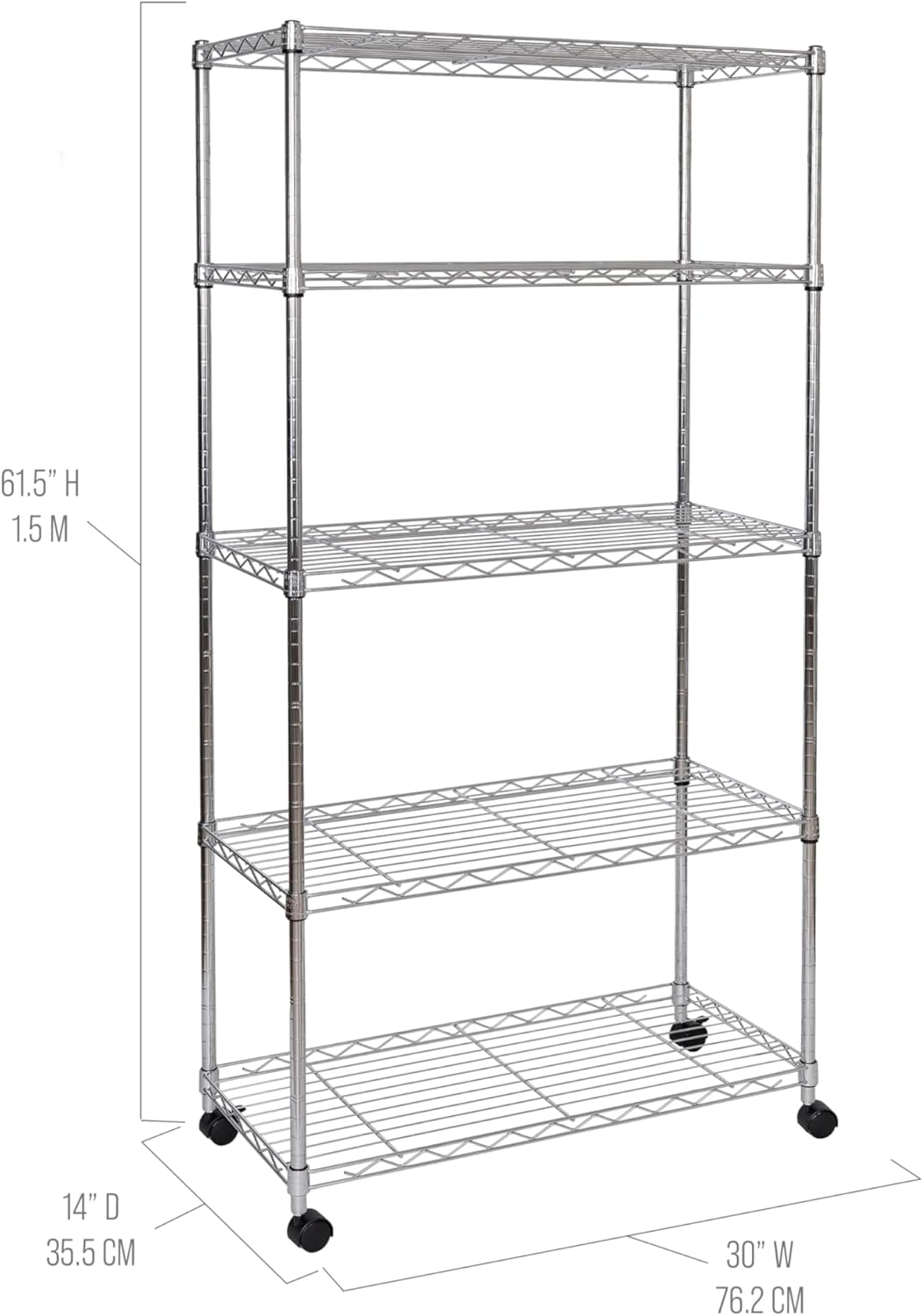 Seville Classics 5-Tier Wire Shelving with Wheels, 5-Tier, 30"" W X 14"" D (New Model), Chrome Plating, Plated Steel