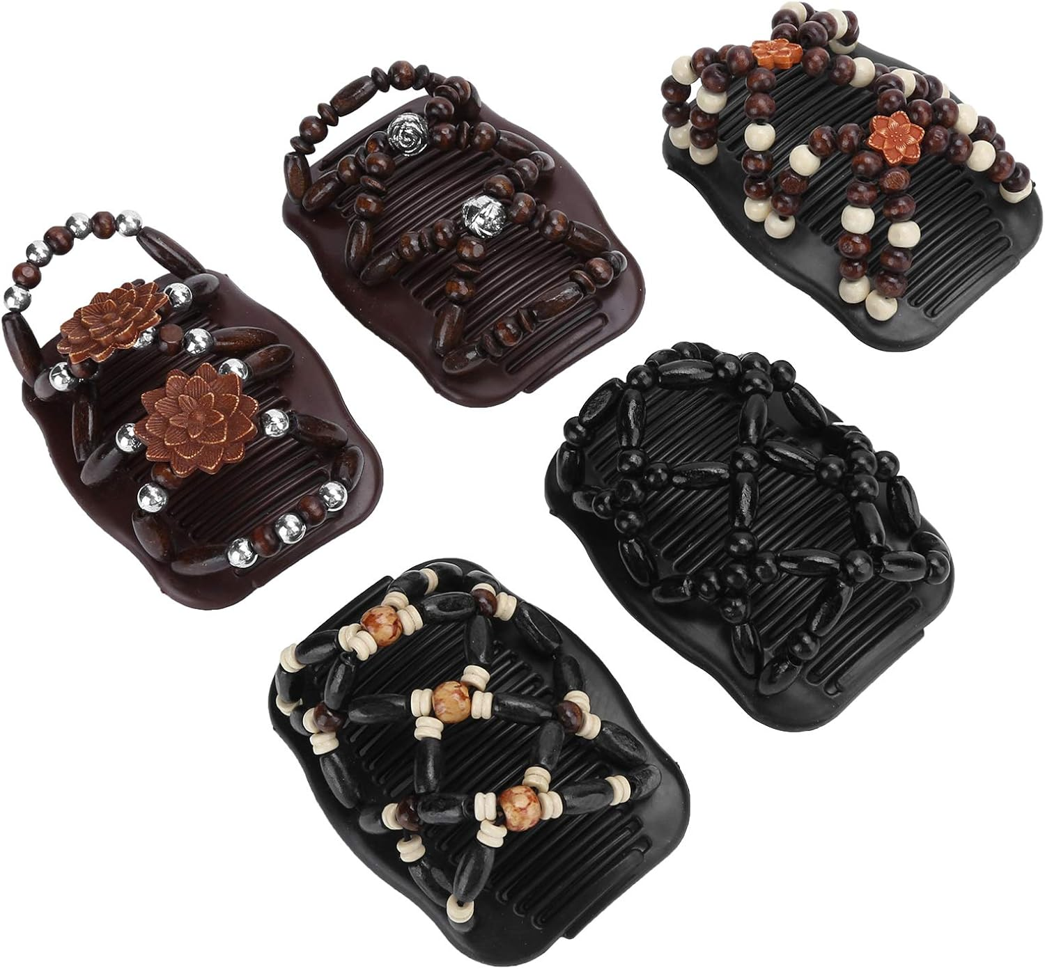 5Pcs Hair Combs Vintage Beads Stretchy Magic Clips Wooden Beads Double Hair Comb Clip Stretchy Women Hair Accessories Hair Styling Tool Double Comb Hair Clips Magic Hair Comb image number 3