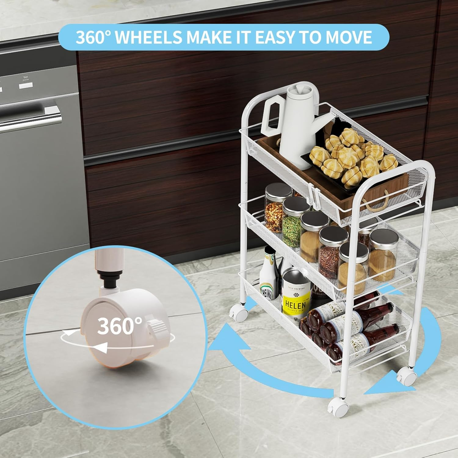 3-Tier Metal Storage Trolley, Rolling Cart, Mesh Storage Cart, Mobile Storage Trolley, Portable, Stable and Easy to Set Up, Bedroom Kitchen Bathroom Toilet Living Room Storage Cart, Metal, White image number 6