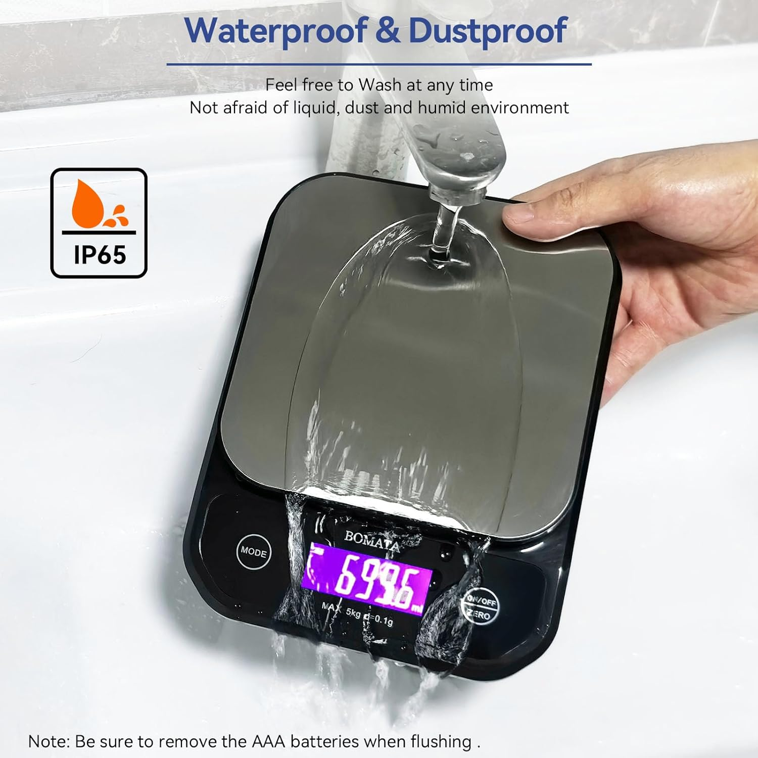 BOMATA Waterproof Kitchen Scale, 0.1G/0.01Oz High Precision, 5Kg/11Lb, Washable, USB Rechargeable, Digital Scale for Food,Cooking, Baking, Weight Loss image number 3