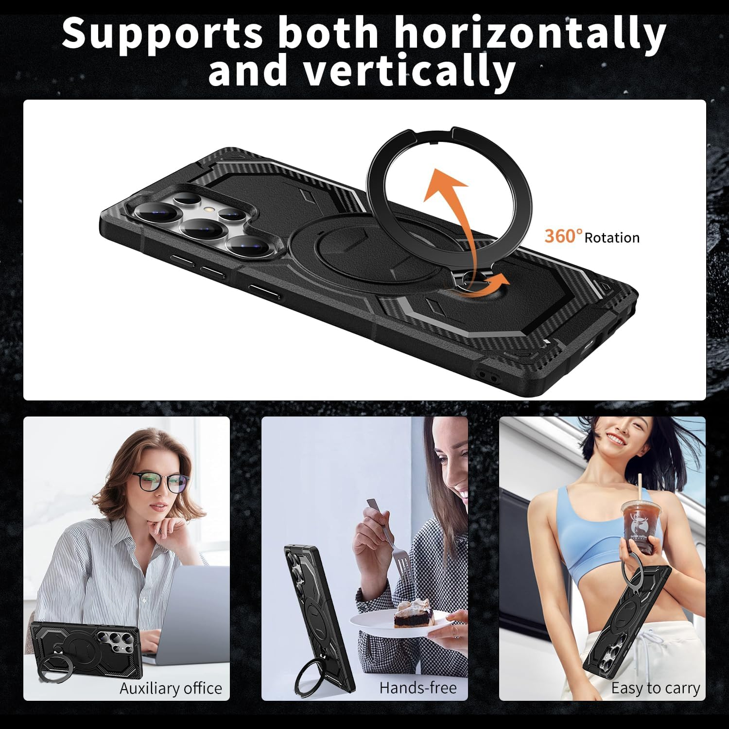 Asuwish Phone Case for Samsung Galaxy S24 Ultra 5G with Tempered Glass Screen Protector Cover and Magnetic Ring Holder Stand Cell Accessories S24Ultra 24S S 24 24Ultra Women Men Carbon Fiber Black