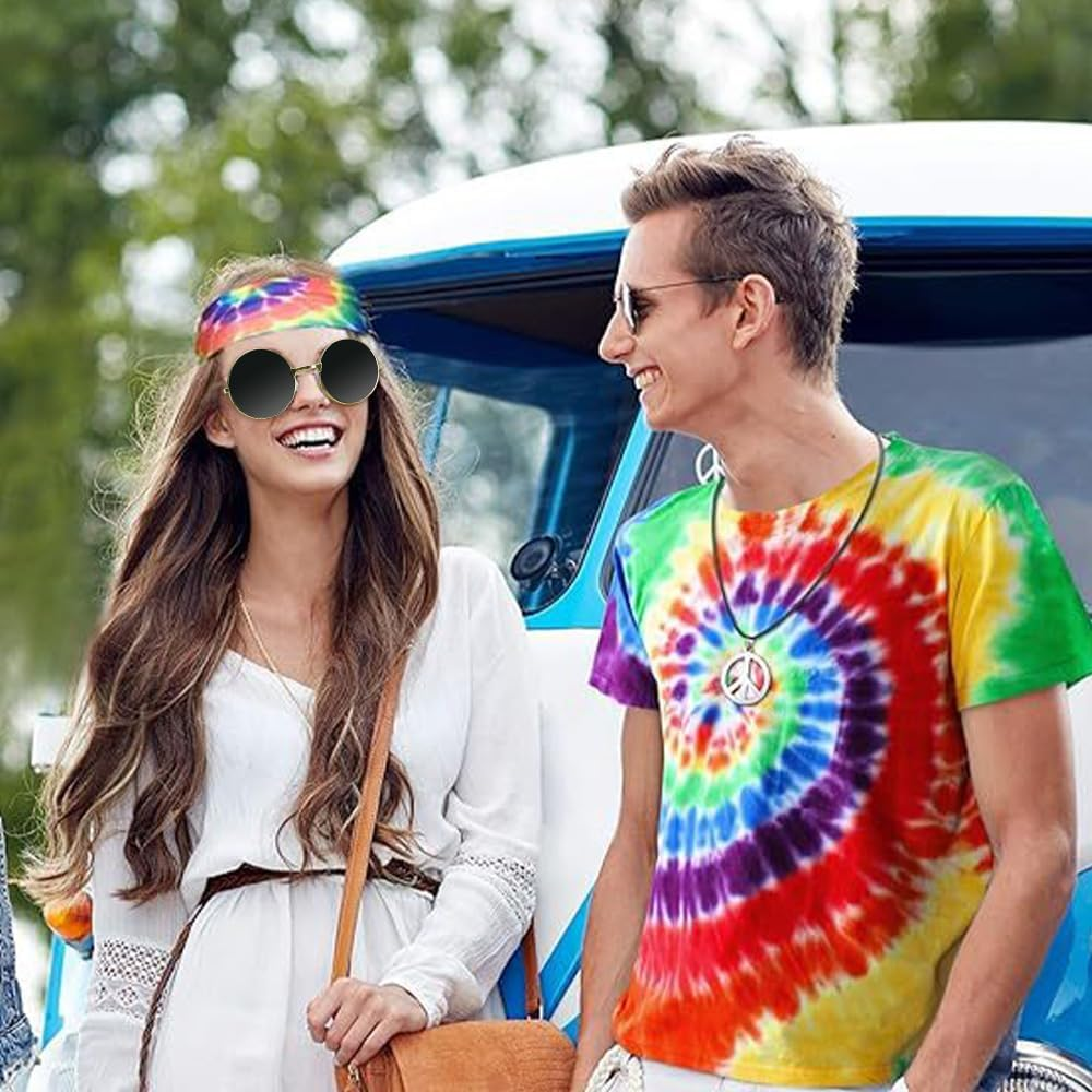 AUTOWT 4Pcs Hippie Costume for Men Women, 60S 70S Costume Accessories, Tie Dye Colorful T-Shirt Peace Sign Necklace Headband Sunglasses for Disco Outfit Cosplay Halloween Carnival Theme Party image number 3