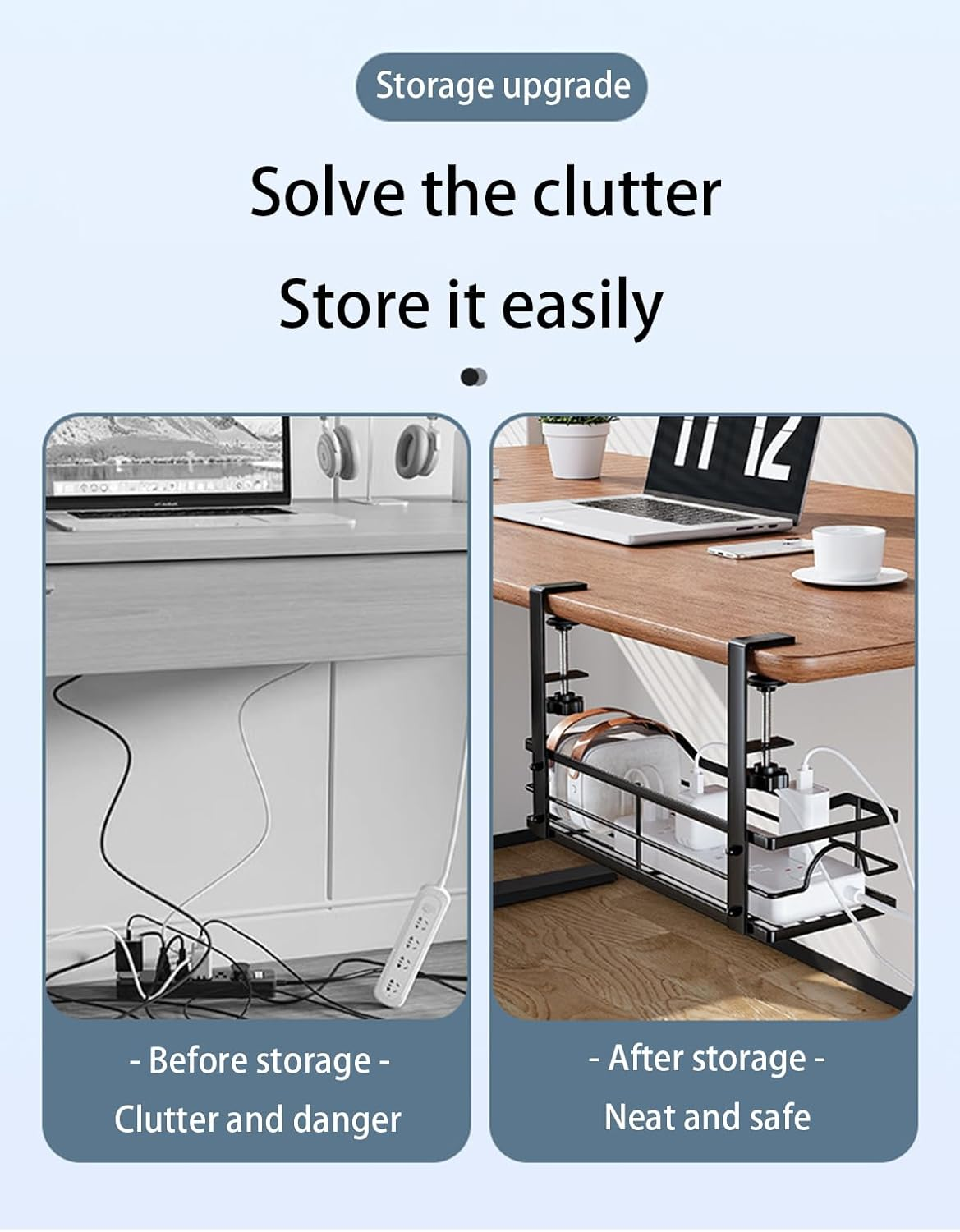 Virellisee 2 Pack under Desk Cable Management Tray No Drilli, Metal Cable Tray with Clips for Desktop Socket Management, Cord Organizer for Office and Home (Black)