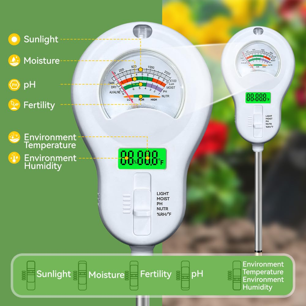 Soil Tester 6-In-1 Soil Moisture Meter Sunlight/Moisture/Fertility/Ph/Environment Temperature/Environment Humidity,Backlight LCD Display for Gardener,Lawn, Farming,Plant Care,Potting Soil Growing image number 3