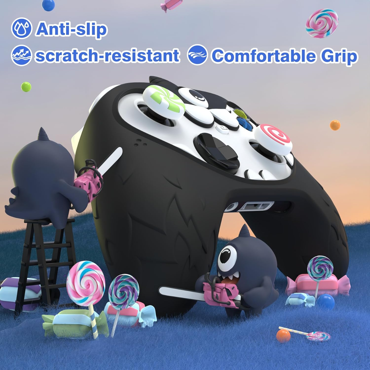 Playvital Monoeye Monster Cute Silicone Cover for Xbox Series X/S Controller, for Xbox Core Controller Grip Case, Anti-Slip, Full Protection, Includes Joystick Caps and Stickers, Black image number 5