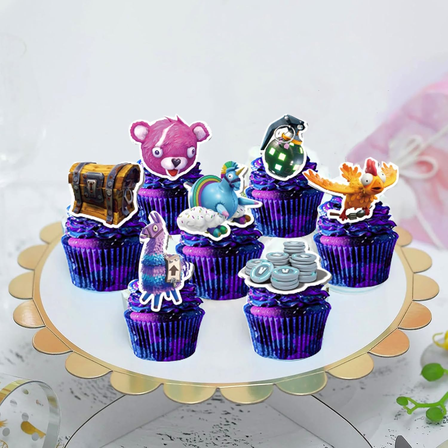 Doyomtoy Game Theme Birthday Cake Decoration Pack, 30 Pieces, Includes 1 Happy Birthday Banner, 16 Latex Balloons, 1 Large Cake Decoration, 12 Small Toppers, Purple, Video Game, Cartoon Pattern image number 2