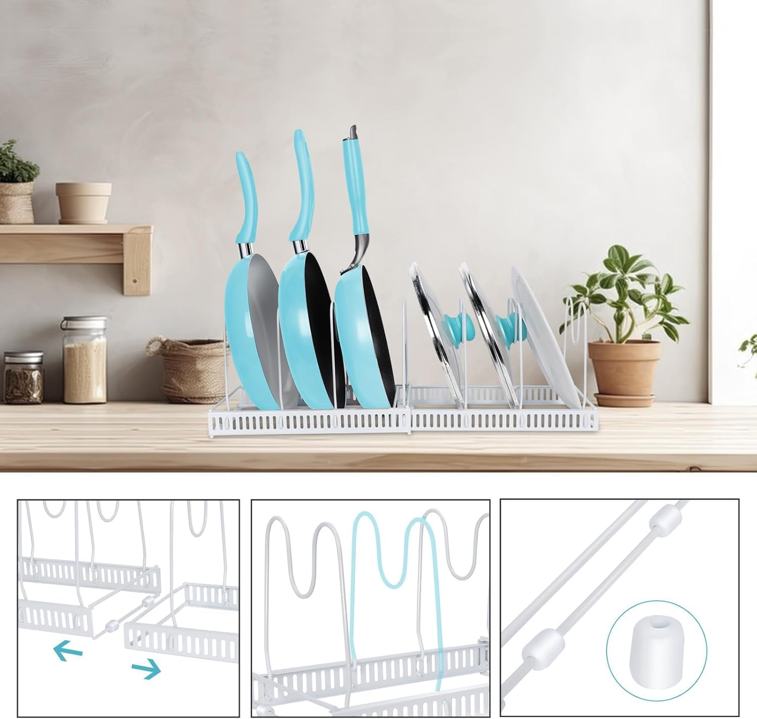 Yharnamite Expandable Pans Organizer Rack, Pot Lid Holder with 10 Adjustable Compartments, Expandable Cookware Rack, Kitchen Organisation Pot Rack for Kitchen Cabinet Organizers and Storage (White) image number 3