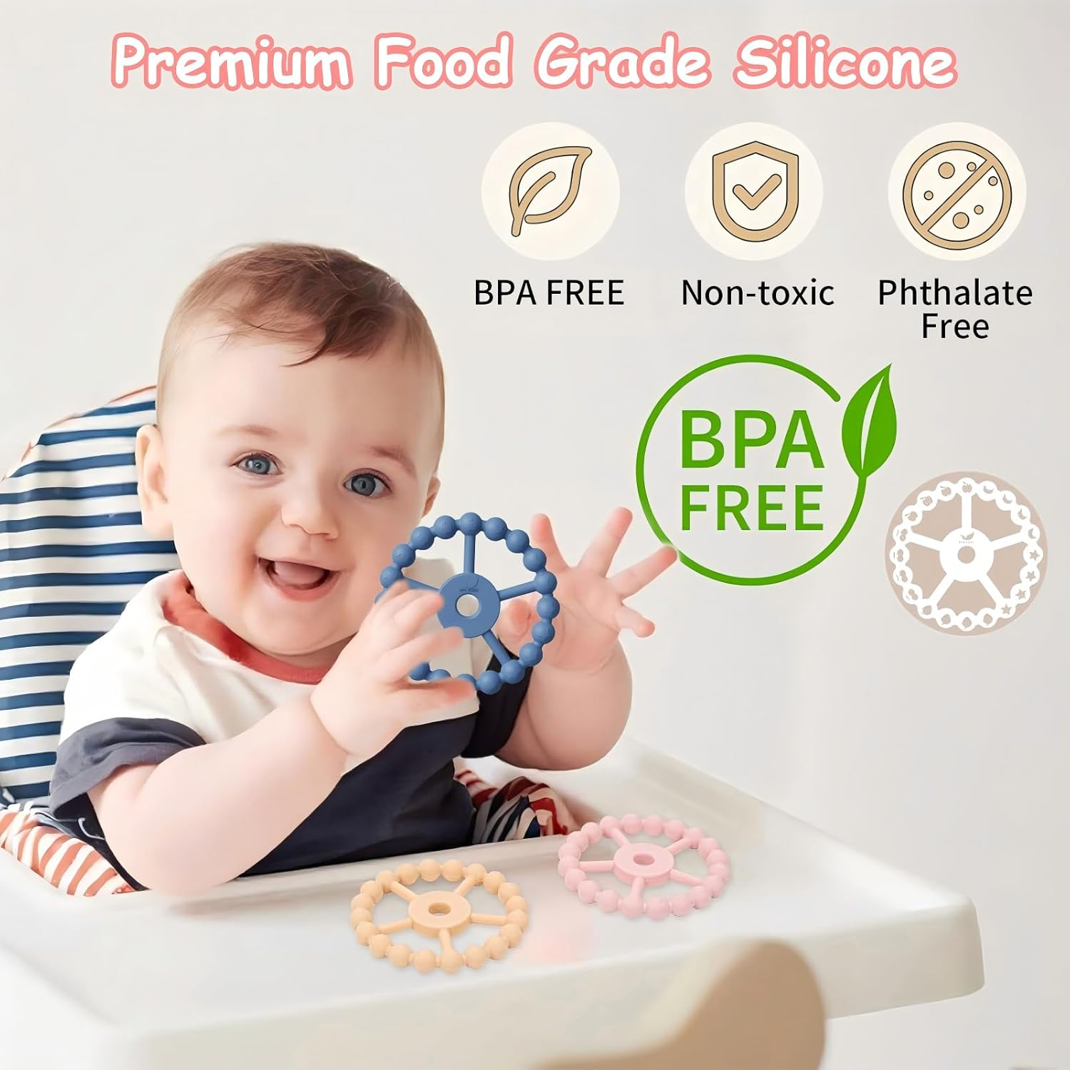 3 Pack Ring Teether Baby Infant Toys, Silicone Teething Ring Toys for Baby Teethers 6-12 Months 12-24 Months, Easy to Grasp Toy, Baby Teething Relief, BPA Free Newborn Accessories (Blue Pink Beige) image number 5