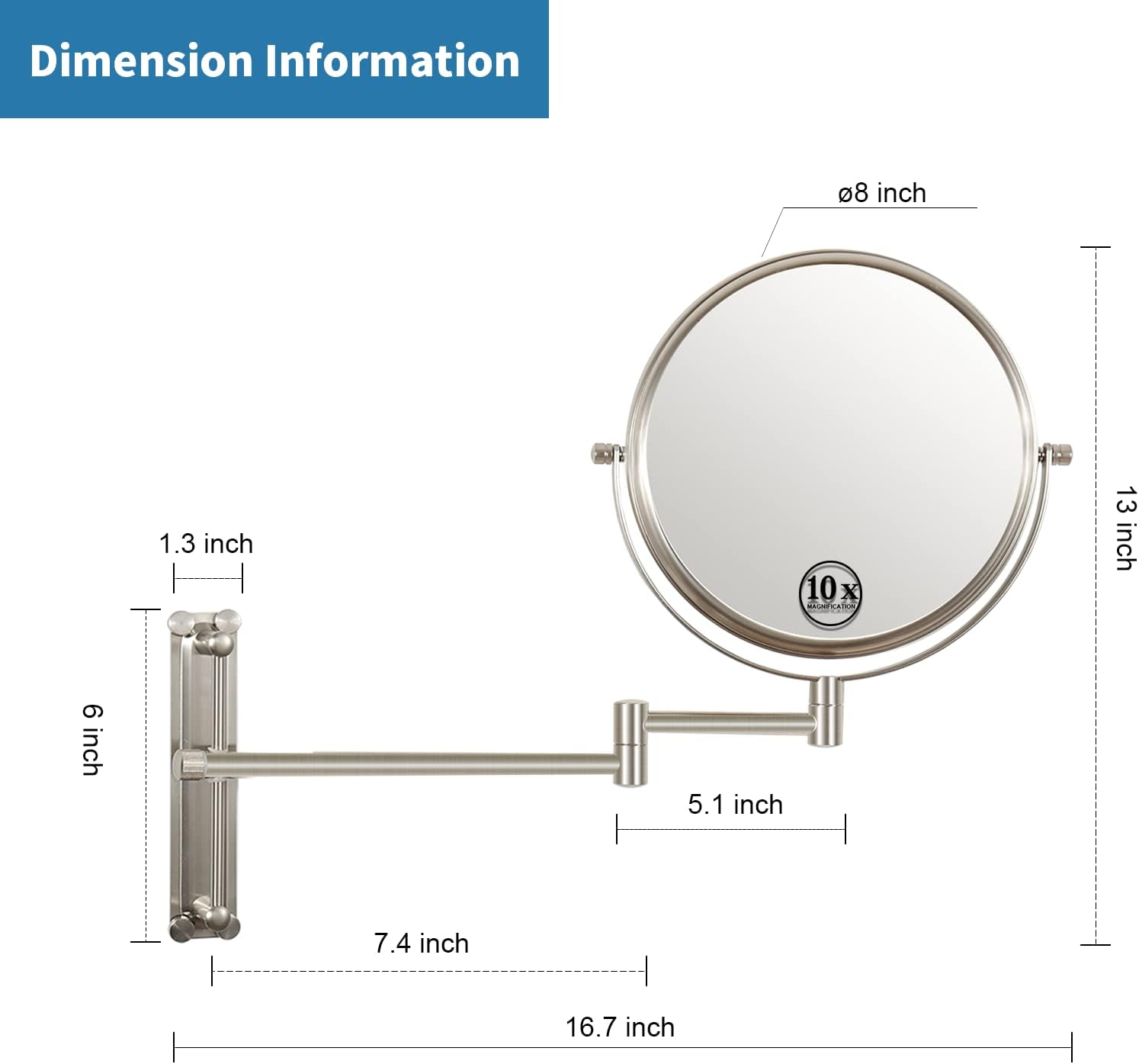 Yinjupu Makeup Mirror with Adjustable Height, Rechargeable 1X/10X Wall Mounted Makeup Mirror Magnifying Dimmable Double Sided 8'' Vanity Mirror (Adjustable Brush) - New Black 3 image number 7