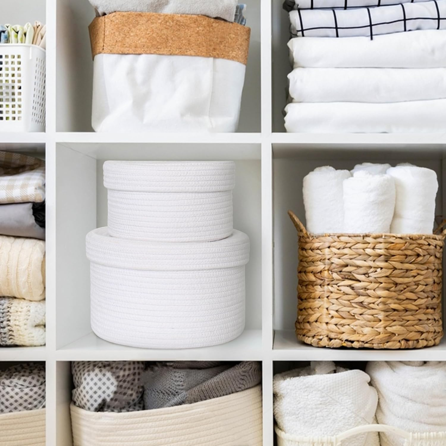 HONCESTA Small Basket with Lid, Set of 2 Cotton Rope Storage Basket with Lid, Decorative Woven Storage Bin with Cover, Lidded round Baskets for Organizing, Cute Toy Box, Shelf Basket for Decor, White image number 2