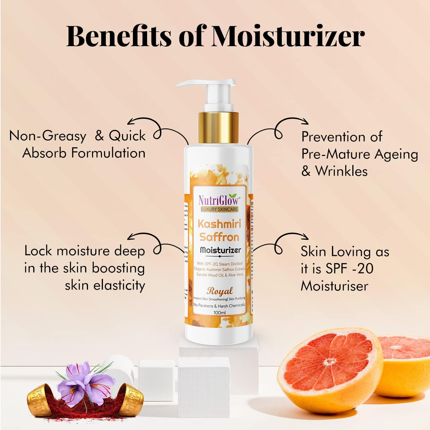 Nutriglow Luxury Skincare Kashmiri Saffron Moisturizer with SPF 20 with Sandalwood Oil for Protect from Sun Tan, Premature Aging & Wrinkle, 100Ml image number 4
