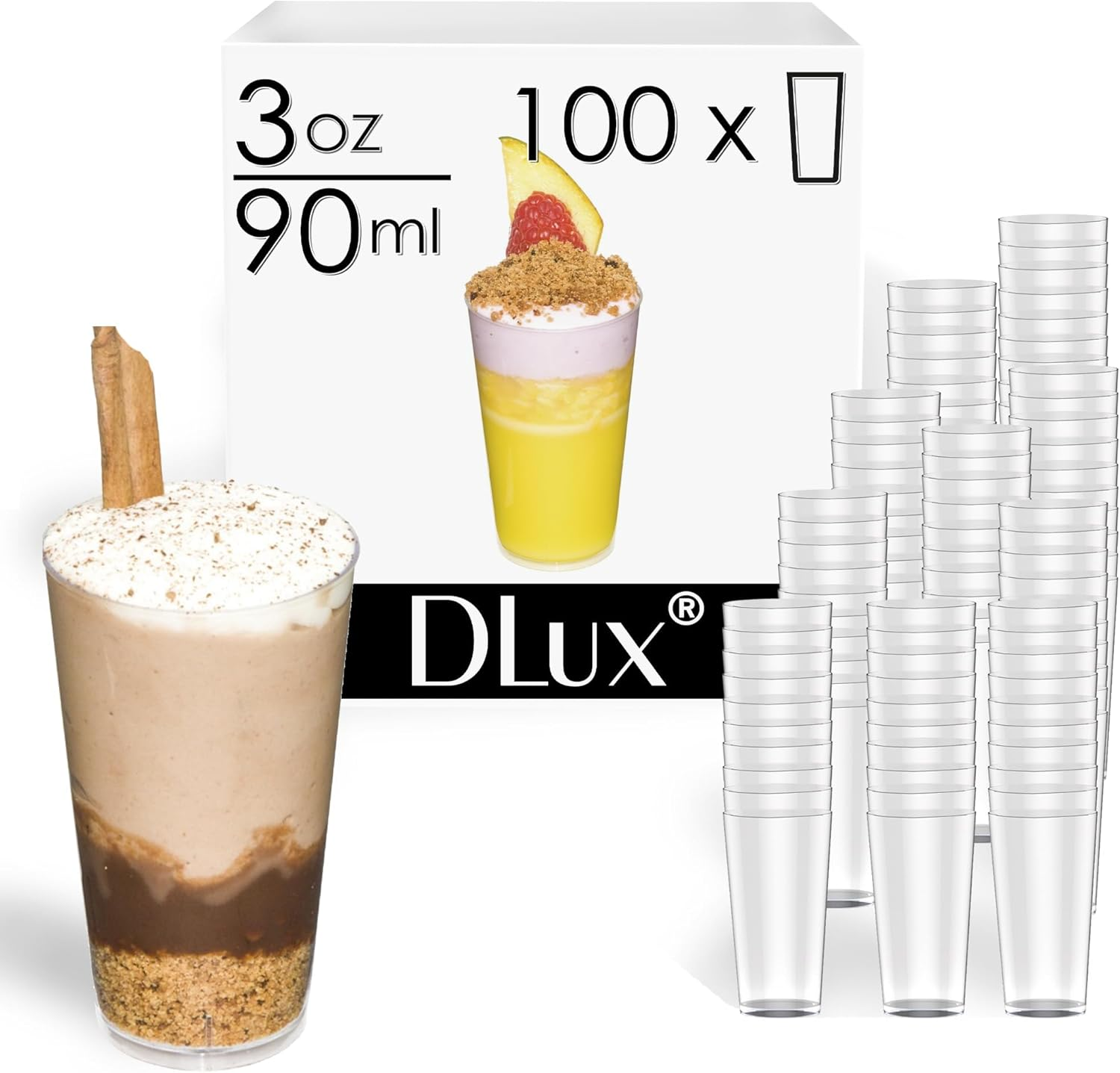 Dlux Mini Dessert Cups (90 Ml X 100 Pcs) Clear Plastic Parfait Appetizer Cups, Shooter 3 Oz Small Reusable Bowl for Party Desserts Appetizers - with Recipe Ebook image number 6