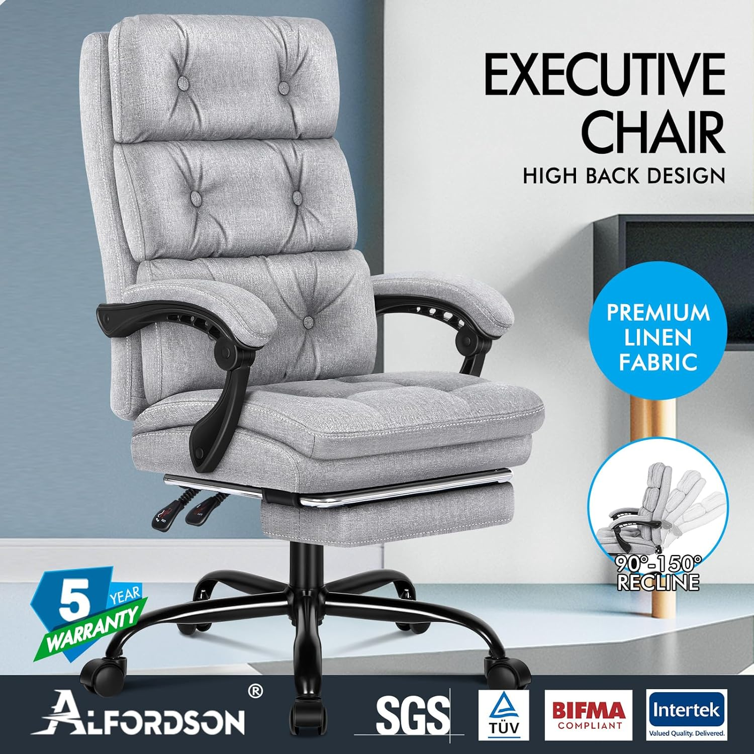 ALFORDSON Ergonomic Executive Office Chair with Footrest, High Back Desk Computer Chair Recliner for Home Office Study Student, Fabric Wide Seat Video Gaming Chair, Palmer Fabric Grey - Fabric Grey image number 2