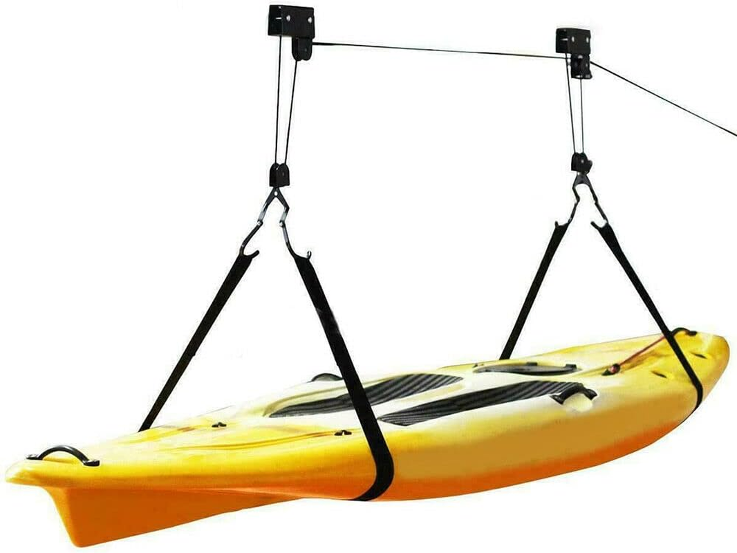 Costcom Kayak Hoist Pulley System Ceiling Bike Lift Garage Storage Rack 125LBS Capacity Bike Lift, Canoe, Paddleboard, & Ladder Ceiling Rack with Safe Lock Mechanism & Rubber Hooks