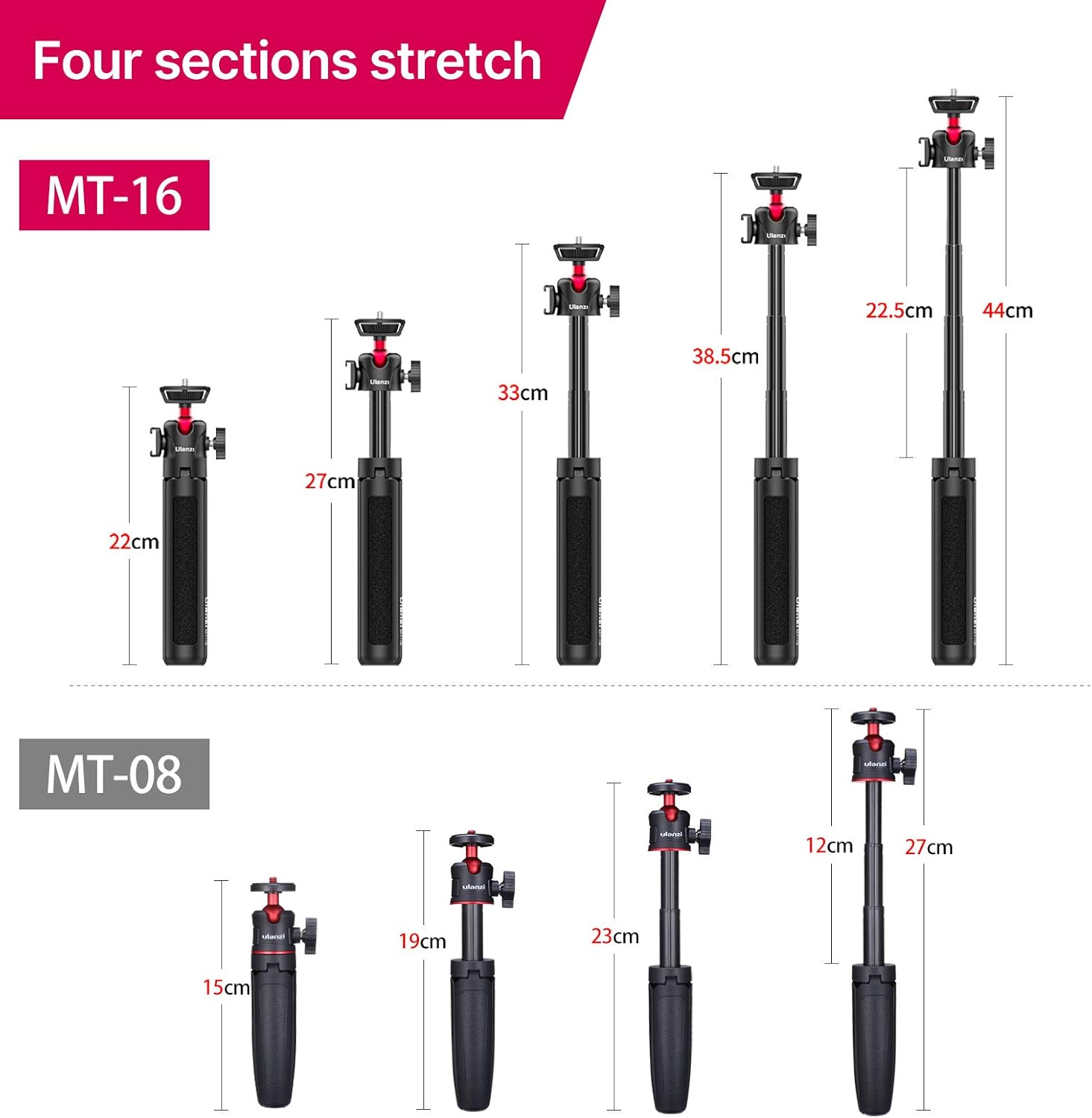 ULANZI MT-16 Camera Tripod Mini Tabletop Tripod Selfie Stick with Cold Shoe,Travel Tripod for Phone 12 Canon G7X Mark III Sony ZV-1 RX100 VII A6600 Vlogging Filmmaking Live Streaming image number 2