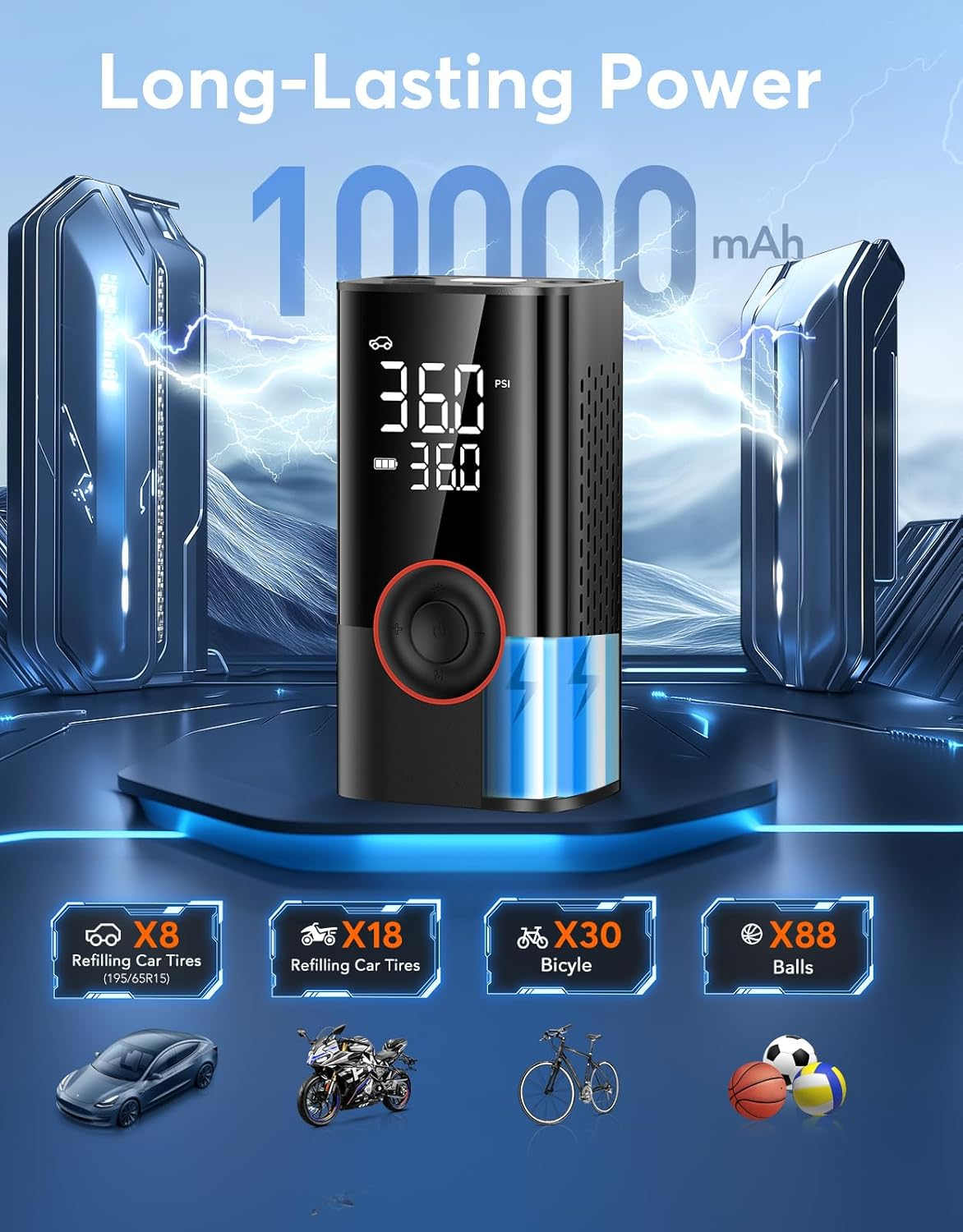 OMQ Tire Inflator Portable Air Compressor, 150PSI Smart Air Pump for Car Tires with LED Light, Cordless Tire Pump with Digital Pressure Gauge, Tire Inflator for Car, Bike, Motorcycle, Ball image number 3