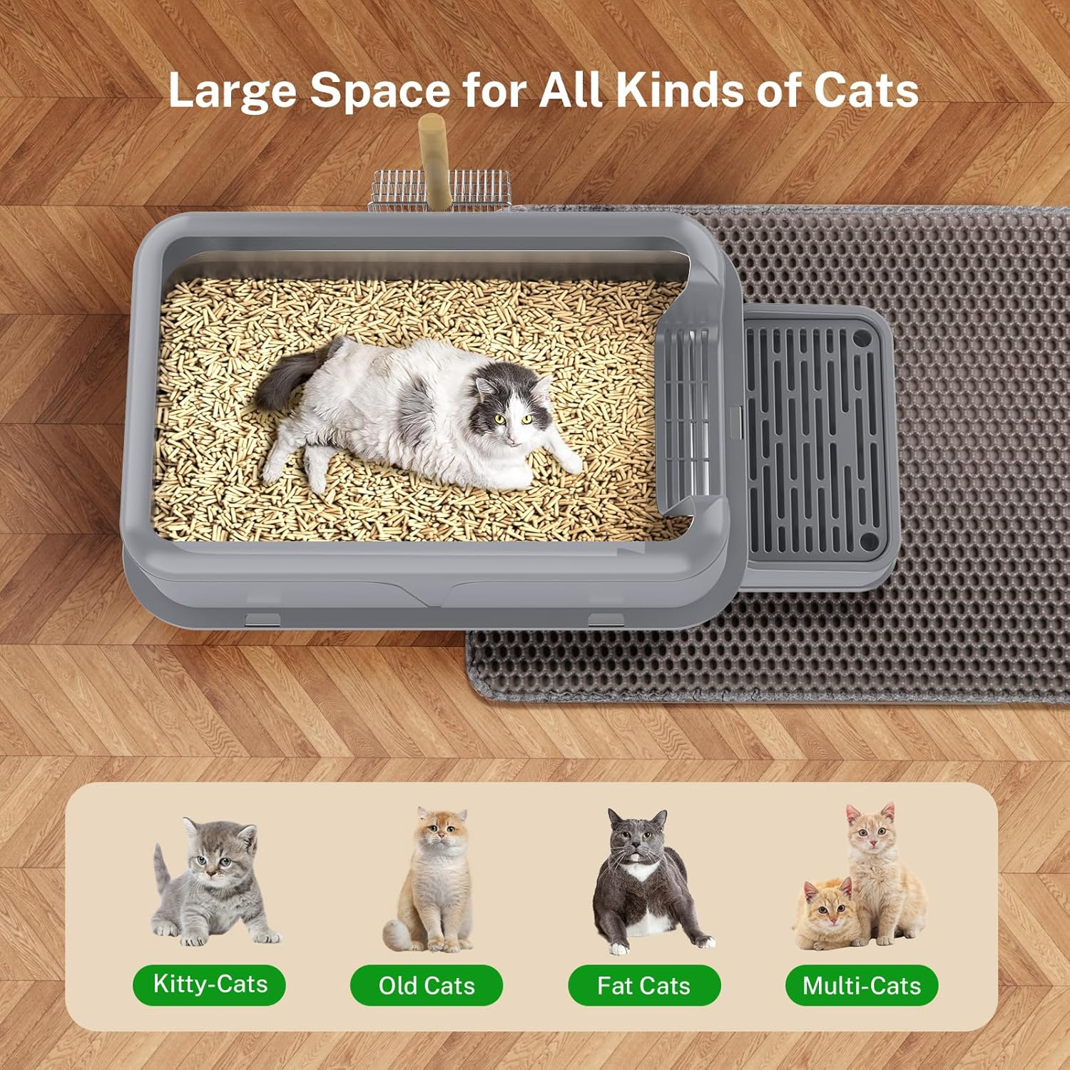 PKBD XL Stainless Steel Cat Litter Box with Removable Lid, Extra Large Cat Litter Box for Big Cats, High Sided 304 Metal Pan, anti Leakage, Odor-Free & Easy Cleaning,Included Scoop and Mat (Grey) image number 2