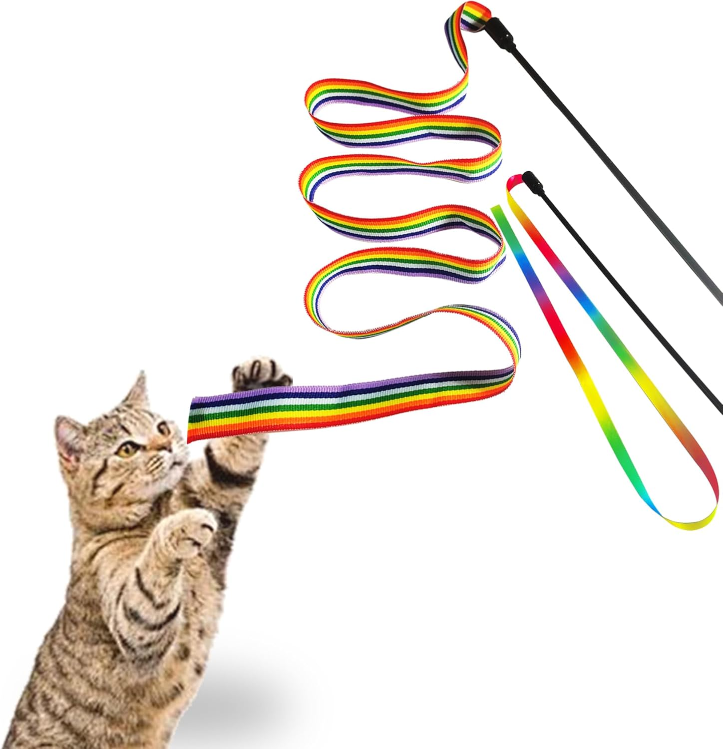 Cat Wand Interactive Toys, 2 Sets of Colored Fabric Ribbon Stick, Indoor Interactive Cat Rope Toys, Cat Athletes Pet Toy Accessories (Rainbow Cat Rope Toys) image number 3