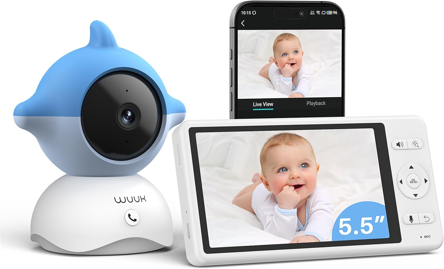 WUUK Video Baby Monitor, 5.5'' Baby Monitor with 360 PTZ Color Display, 135&deg; Wider Viewing Angle, Night Vision, 1000Ft Long Range, 2K Baby Camera with App, One-Touch Call, Lullabies (Blue) image number 2