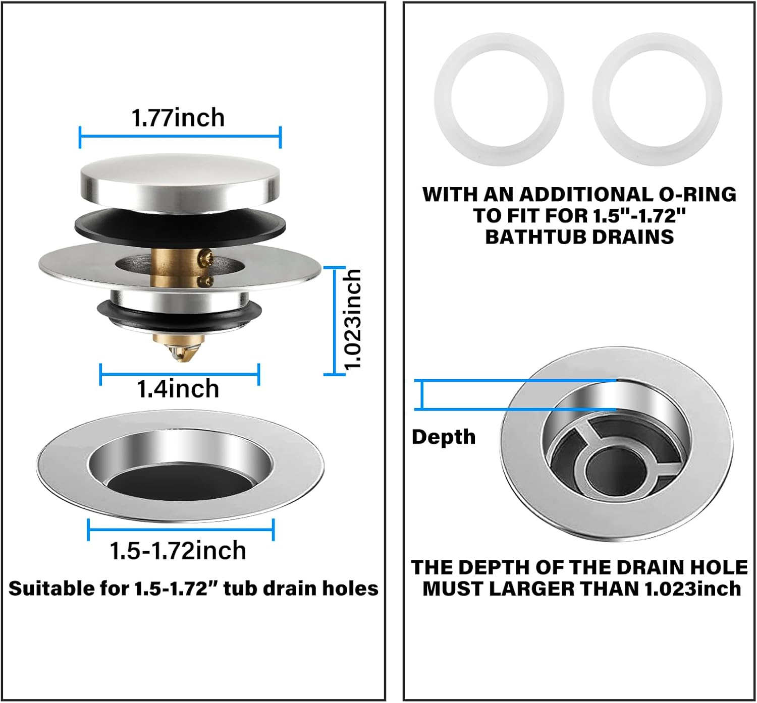 Uxoz Bathtub Stopper Upgraded Tub Stopper Universal Drain Stopper, Replacing Lift and Turn, Tip Toe or Trip Lever Tub Drains for 1.5"-1.72" Drain Hole image number 2