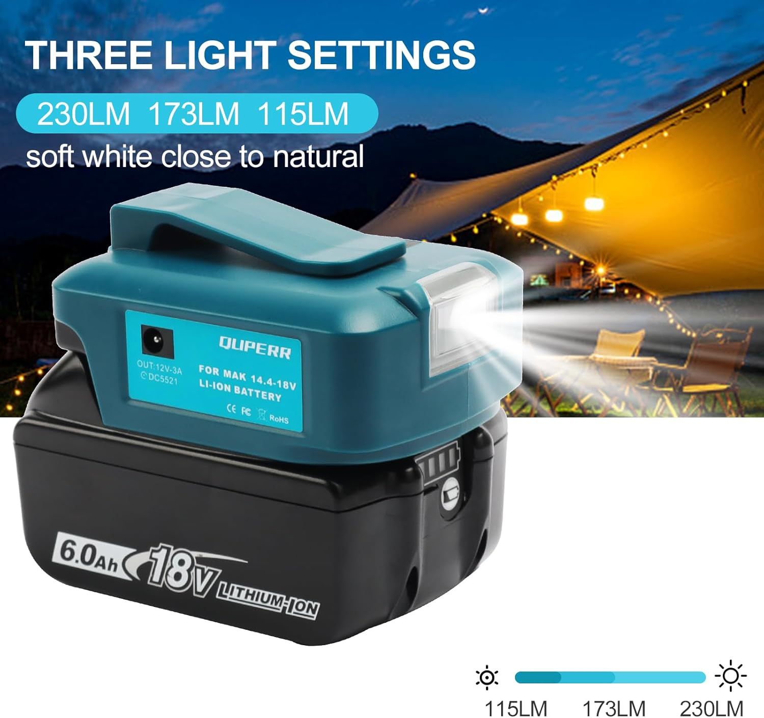 QUPPER - Adp05 Power Source Battery Adapter Work Light Converter for Makita 14.4V & 18V Battery with a Pair of USB Phone Charger Interface, with DC Cordless Port Torch image number 3