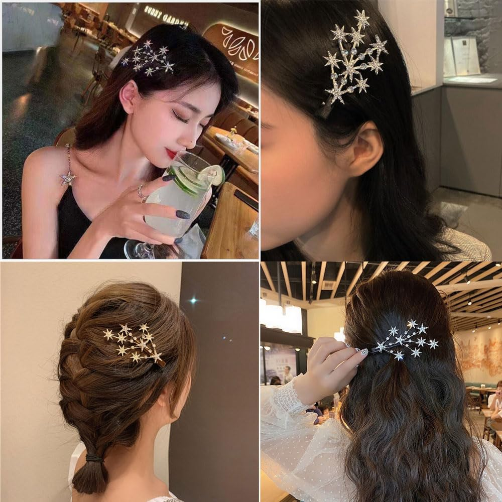 Bride Hair Accessories Wedding Star Hair Clips with Rhinestones Star Hairclips Crystal Hair Clips for Women Girls Hair Styling Accessories Rhinestone Star Hair Pins Headpieces 2Pcs image number 1
